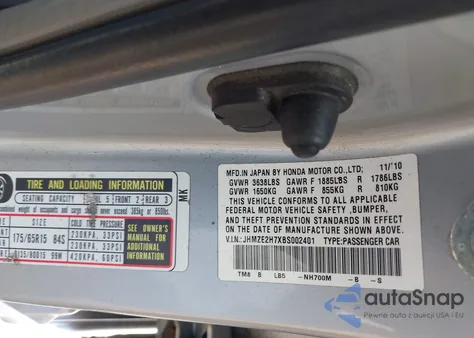 2011 Honda Insight Ex z USA, uszkodzony, nr VIN JHMZE2H7XBS002401